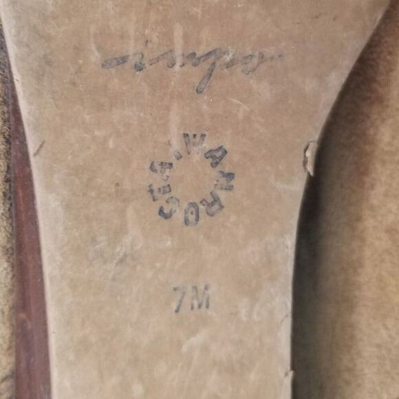 1980s Vintage Brown Suede Folded Slide On Slouch Wide Leg Almond Toe Boots 7M - Picture 9 of 9